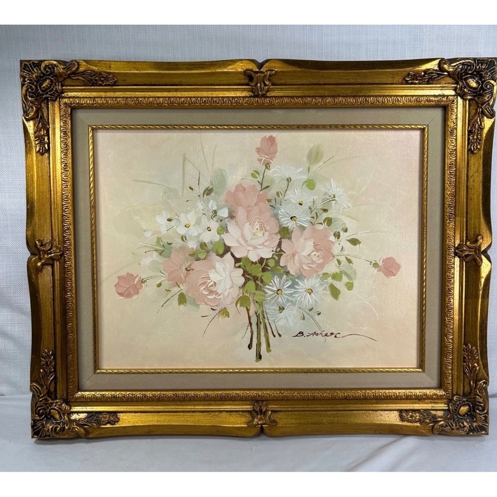 B. Asher Signed Original Floral Oil Painting Gold Frame Pink Roses Vintage